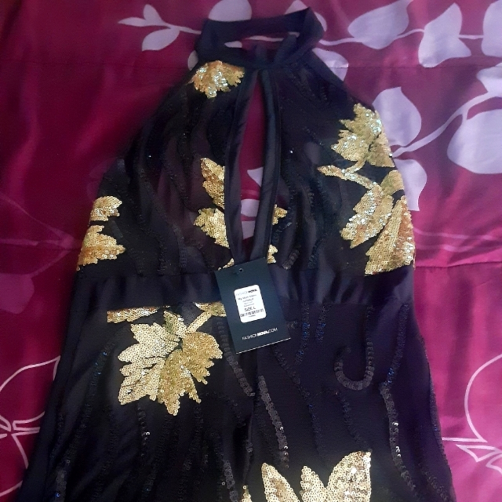 Fashion Nova Large Black and Gold Sheer one piece Jumper Pant suit